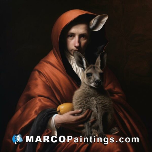 A woman with an orange holding a kangaroo
