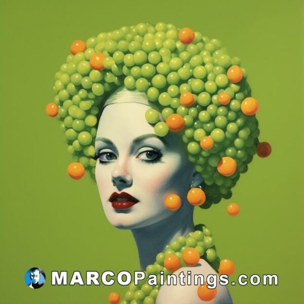 A woman with her head full of oranges and green grapes