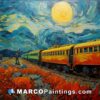 A yellow train painting with a starry sky