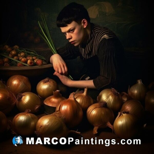 A young boy is sitting next to a bunch of onions