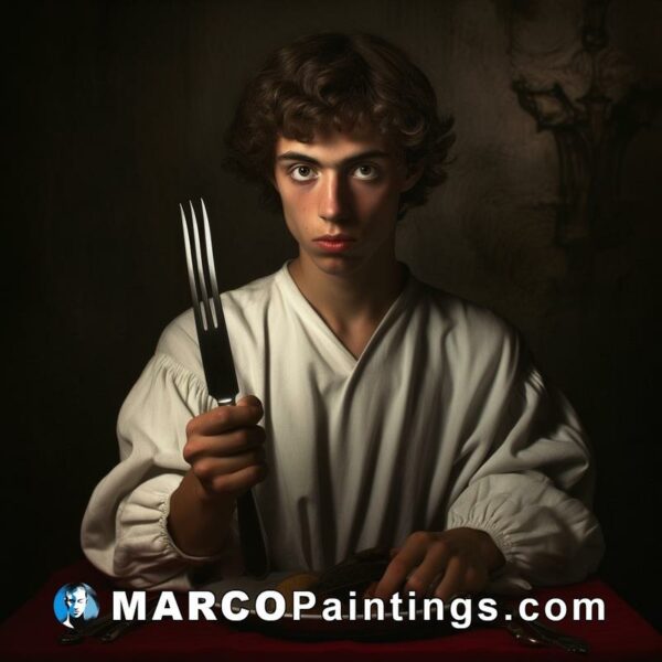 A young man holding fork and knife