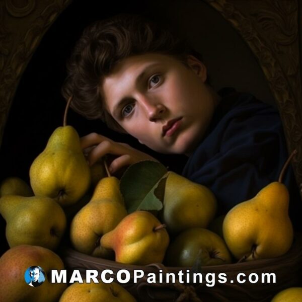 A young man looks out of a basket of pears