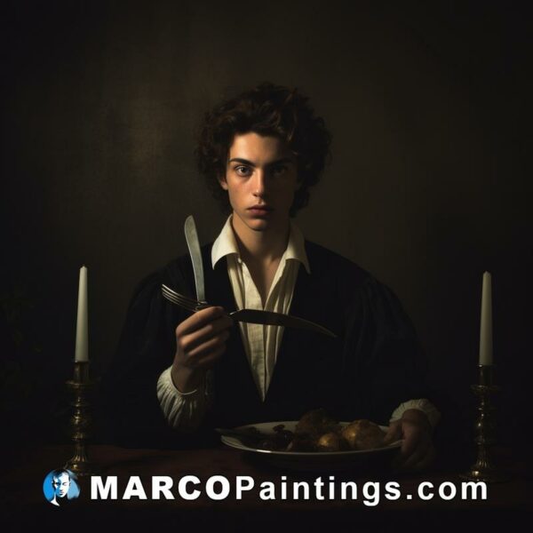 A young man sitting in front of a plate holding a knife