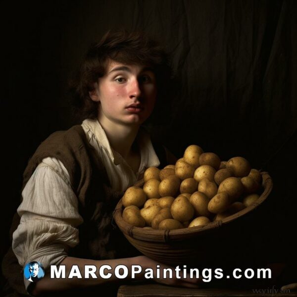 A young man with a basket of yellow potatoes