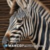 A zebra's head in front of brown wood