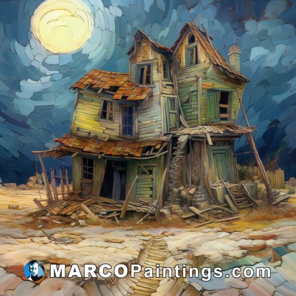 Abandoned house with a moon on it