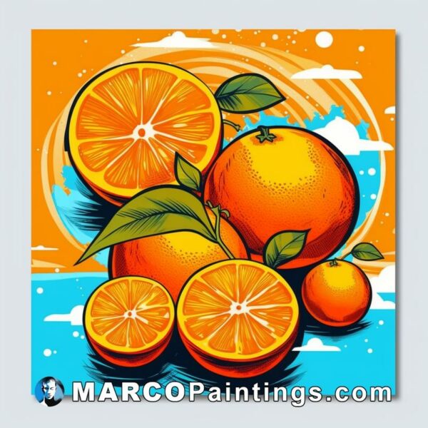 Abstract drawing on a blue background with a bunch of oranges