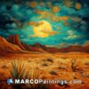 Abstract illustration painting by digital painting on canvas desert landscape with a moonlit sky