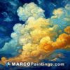 Abstract painting of orange and yellow clouds with blue background