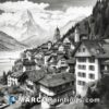 Alpine village' black and white pencil drawing by karol aiken