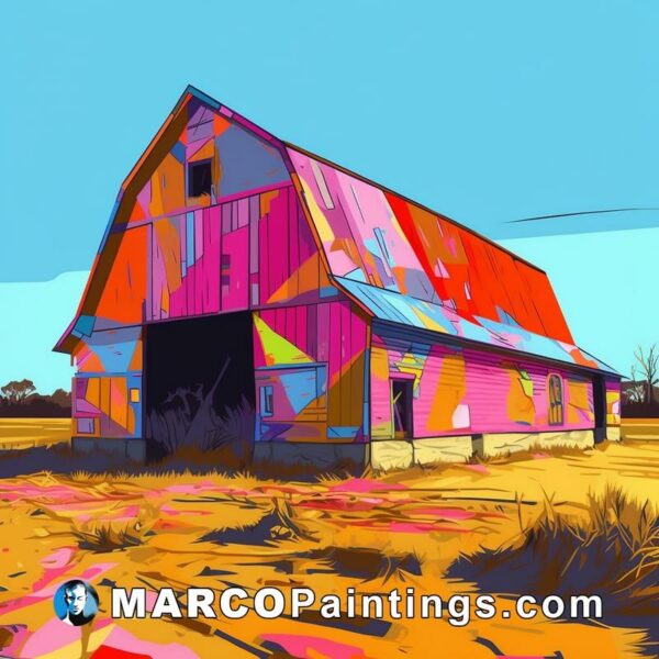 An abstract painting of a barn