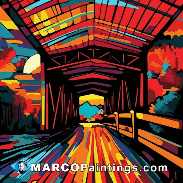 An abstract painting of a colorful bridge near sunset
