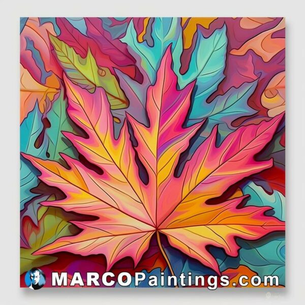 An abstract painting of a colorful maple leaf