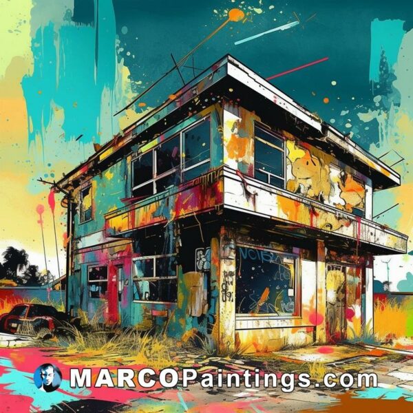An abstract painting of a house with graffiti splattered around