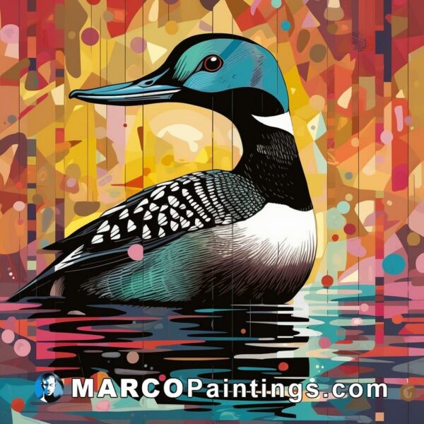 An abstract painting of a loon floating in water