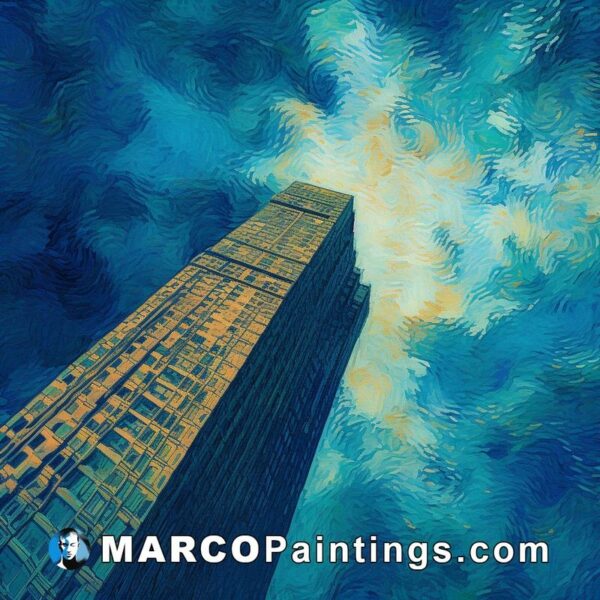 An abstract painting of a tall building