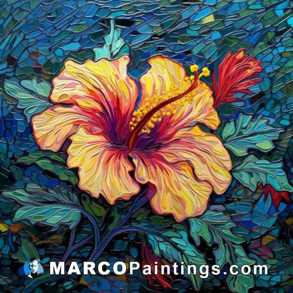An abstract painting of bright yellow hibiscus
