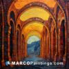 An abstract painting that shows an arched walkway