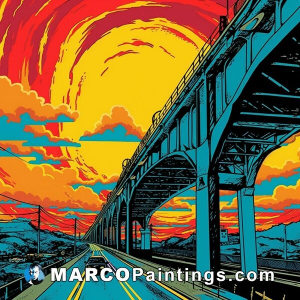 An abstract poster at sunset illustrating the highway and bridge