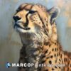 An acrylic painting of a cheetah with its eyes in the air
