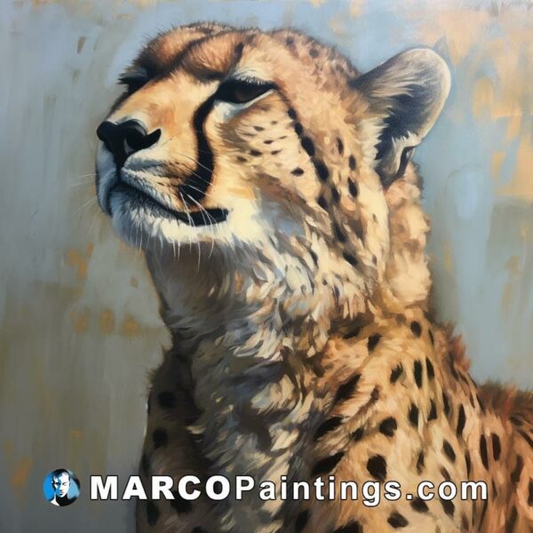 An acrylic painting of a cheetah with its eyes in the air