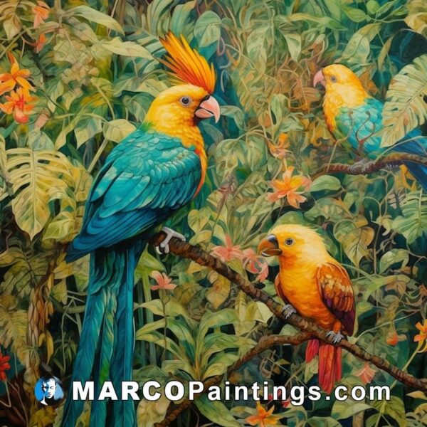 An acrylic painting of colorful parrots in tropical forest