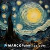 An acrylic painting of the starry night with people at the moon