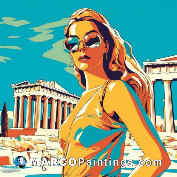 An aegean influenced poster of a woman standing near the parthenon