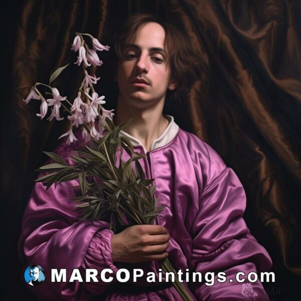 An allegorical portrait of a young man holding flowers in his hands
