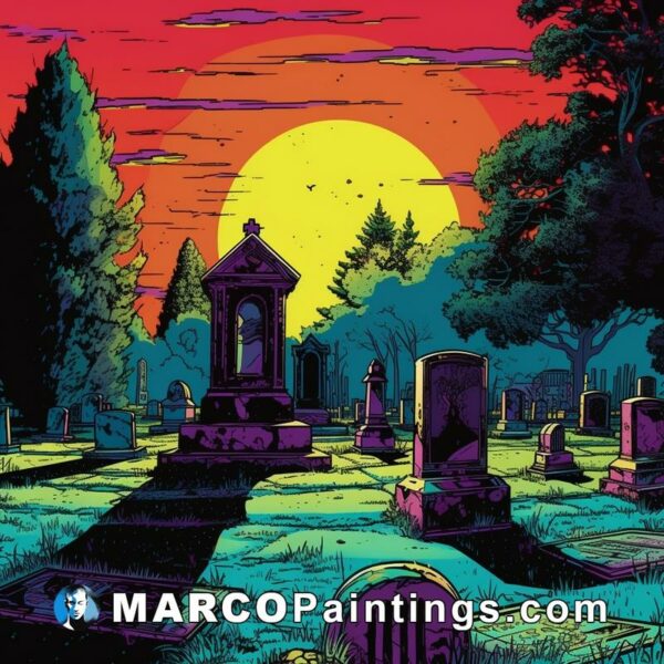 An allover colored illustration of cemetery at sunset