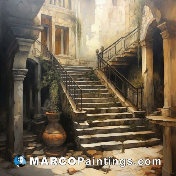 An ancient city with steps and vases