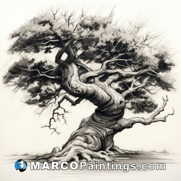 An ancient gnarled tree is drawn using an ink drawing