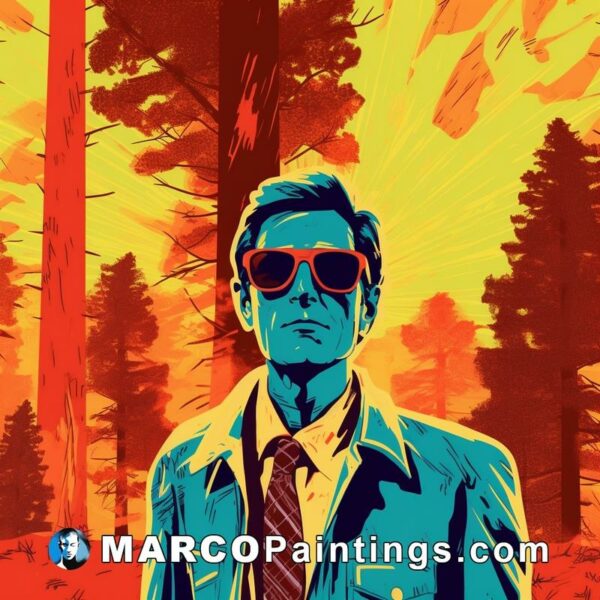 An animated illustration of a man in sunglasses walking in forest