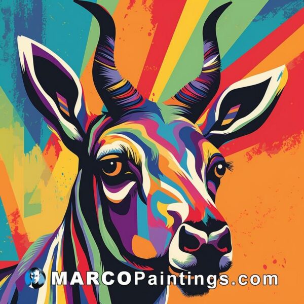 An antelope painted in colorful stripes