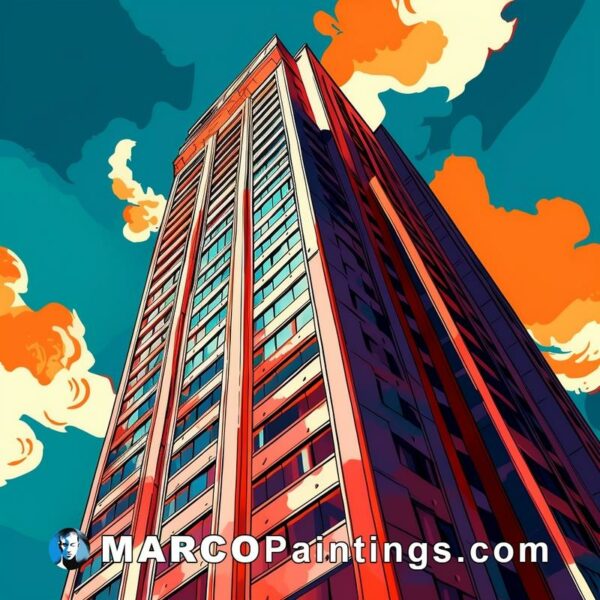 An apartment tower in a sky of blue and orange
