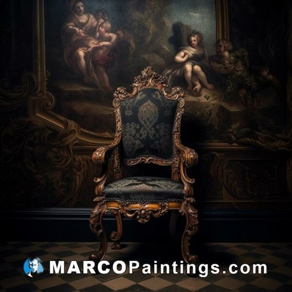 An arm chair is facing an ornate painting