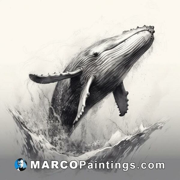 An art drawing of a humpback whale jumping out of the water