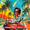 An art illustration with a woman driving an old car with palm trees