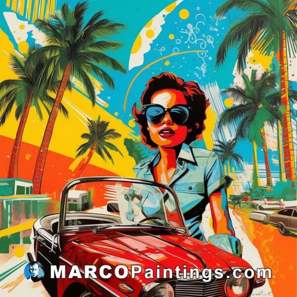 An art illustration with a woman driving an old car with palm trees