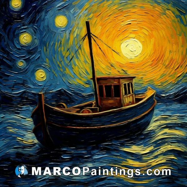 An art of boat on the night of the starry night in a still water