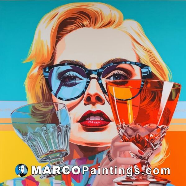 An artist depicting a woman with glasses and an orange glass
