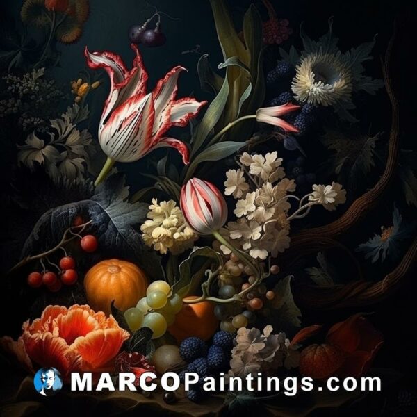 An artist gives us a painting on a black background that contains fruit