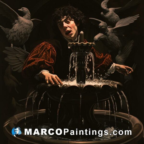 An artist has created an oil painting of a man and birds in a fountain