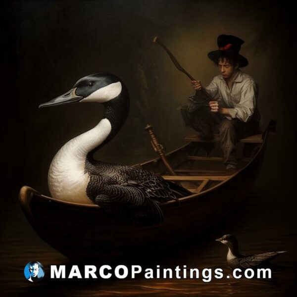 An artist painted a man floating in the water next to a goose