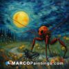 An artist's acrylic painting of an ant and a spider in the night sky