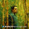 An artist's painting of a man in a bamboo frame