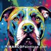 An artist's painting of a pit bull in colorful art