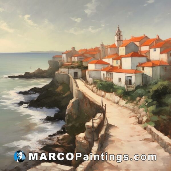 An artist's painting of a village next to the sea