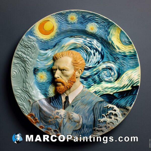 An artist's plate that features the painting van gogh starry night