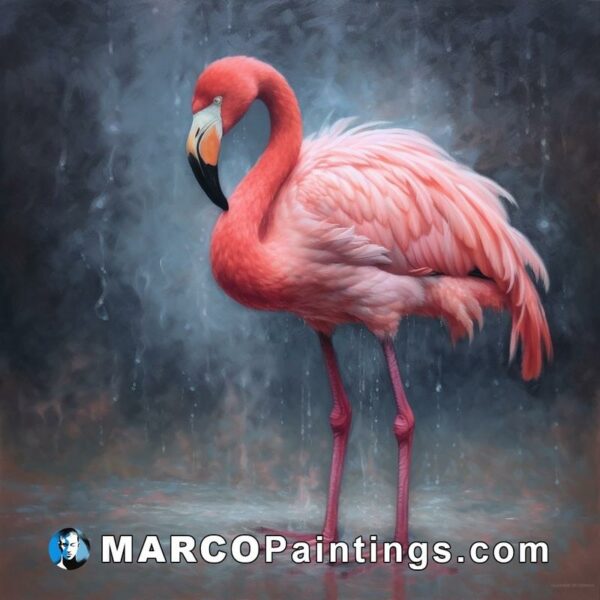 An artistic painting of a pink flamingo standing in the rain